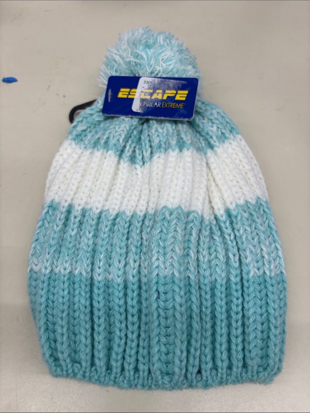 NWT Escape Polar Extreme Women's Striped Pom Beanie in Light Blue and White